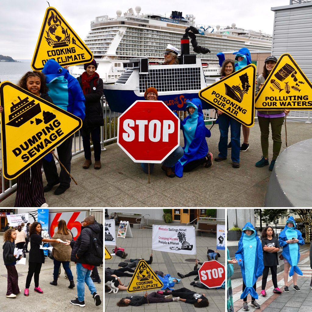 Collage from the action, including young people dressed as dolphins, a man with a giant cruise ship costume, and lots of signs about the harms caused by cruise ships.